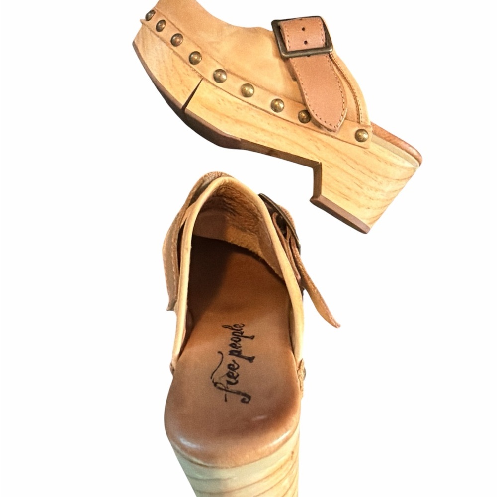 Free People Culver City Clog Mule Leather Studded Wooden Platform Light Academia - Picture 2 of 14